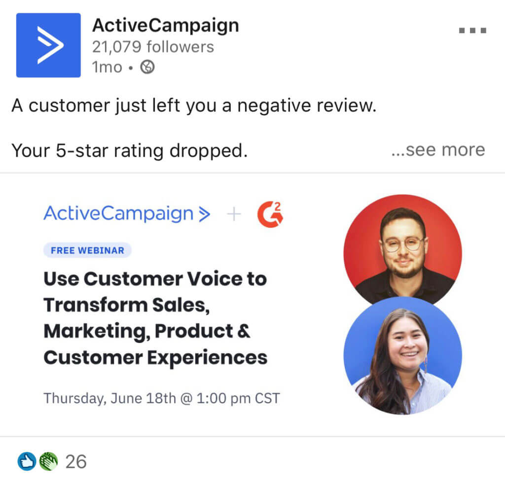 Example of an ActiveCampaign webinar promotion post from the company Facebook page.