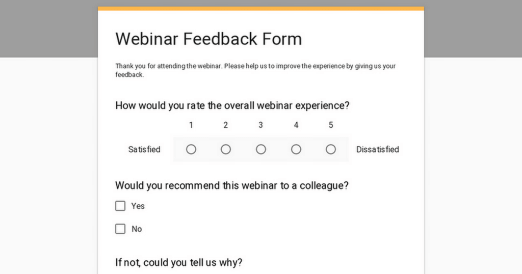 Webinar feedback form example that includes multiple types of questions, including rating scales, yes/no, and open-ended.