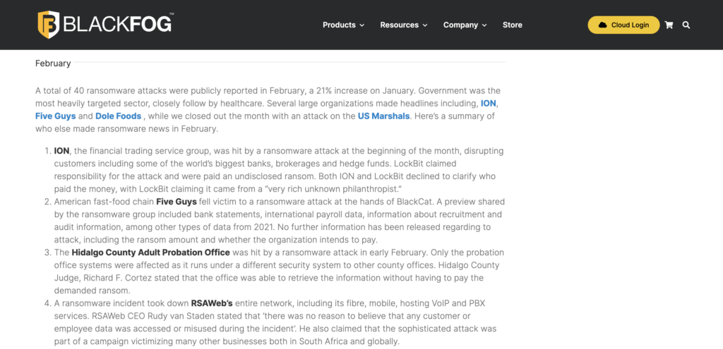 Screenshot showing BlackFog’s 2023 State of Ransomware report, a key part of their ransomware solution marketing strategy.