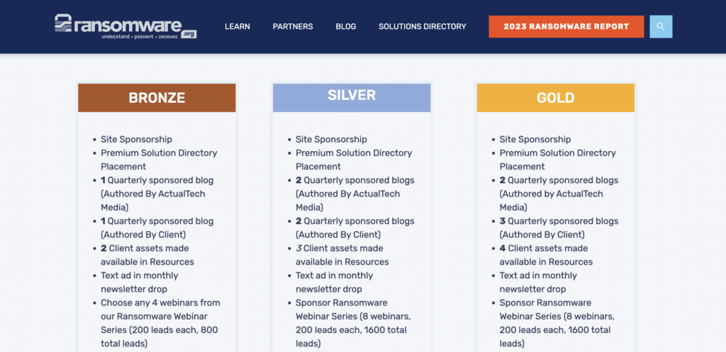 Screen grab of benefits to sponsoring Ransomware.org.