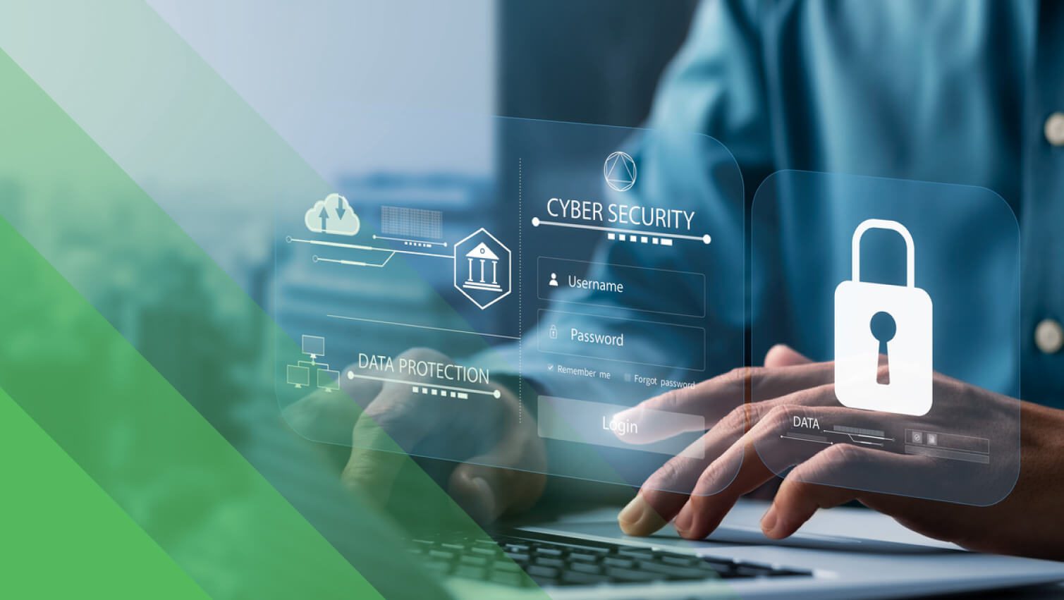 Image of man typing on laptop, with symbols representing cybersecurity marketing focus.